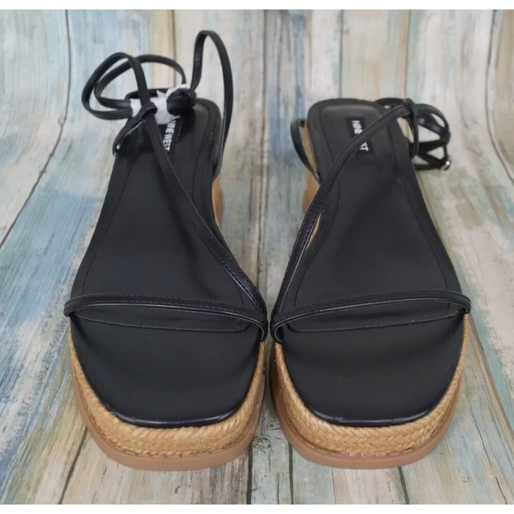 Nine West Alexx Wedge Sandals Size 9 Black Espadrille Ankle Strap Wedges